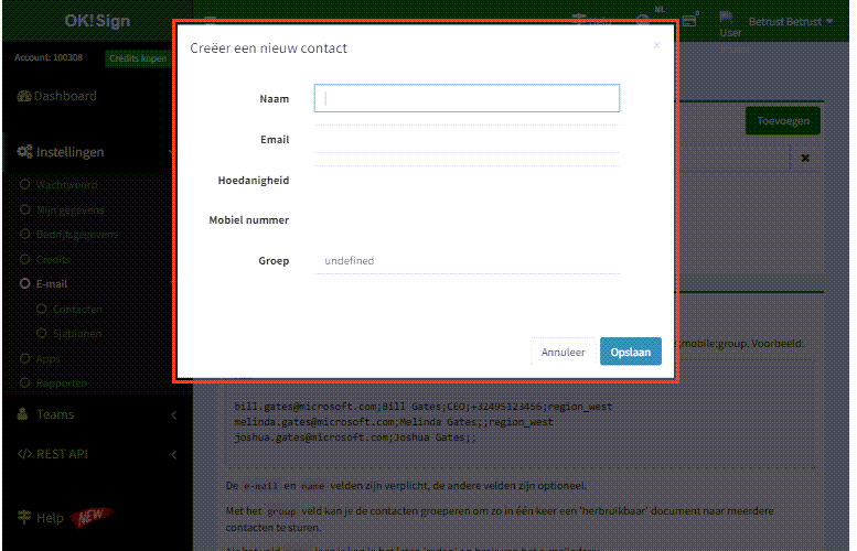Voeg contacten toe in  uw OKSign account