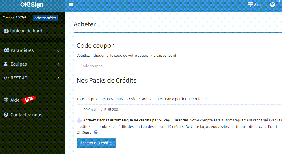 Achter des crédits dans votre compte OKSign  ( part prochain)