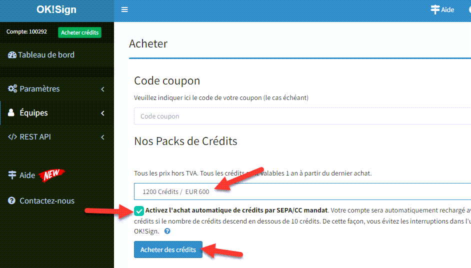 Achter des crédits dans votre compte OKSign  ( part prochain)