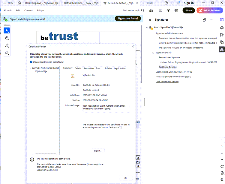 Itsme eSign certifcaat gegevens in Acrobat Reader