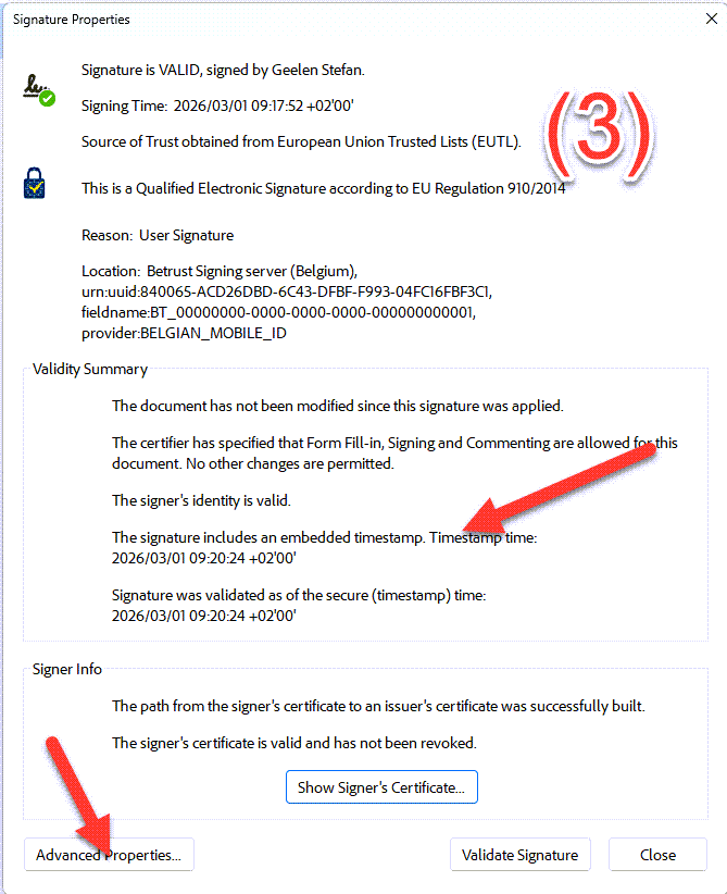 Validity Summary showing embedded timestamp in Acrobat Reader | OKSign
